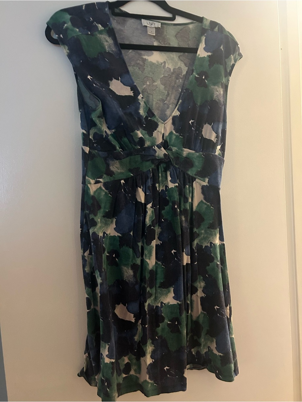 LOFT Navy, Green & Cream Floral V-Neck Empire Dress